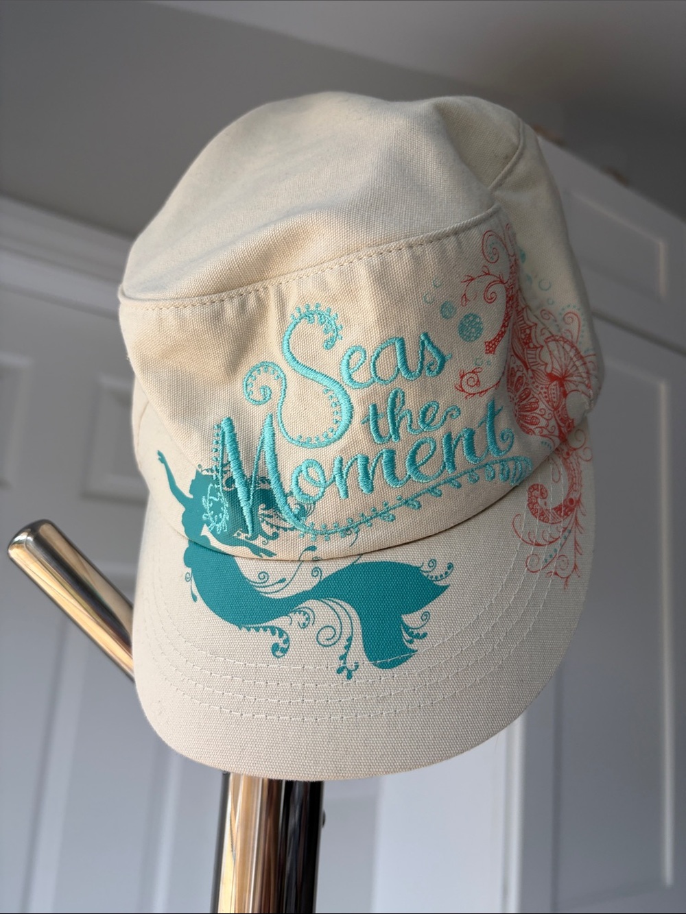 Disney Cream Cap with Teal and Coral Mermaid Embroidery